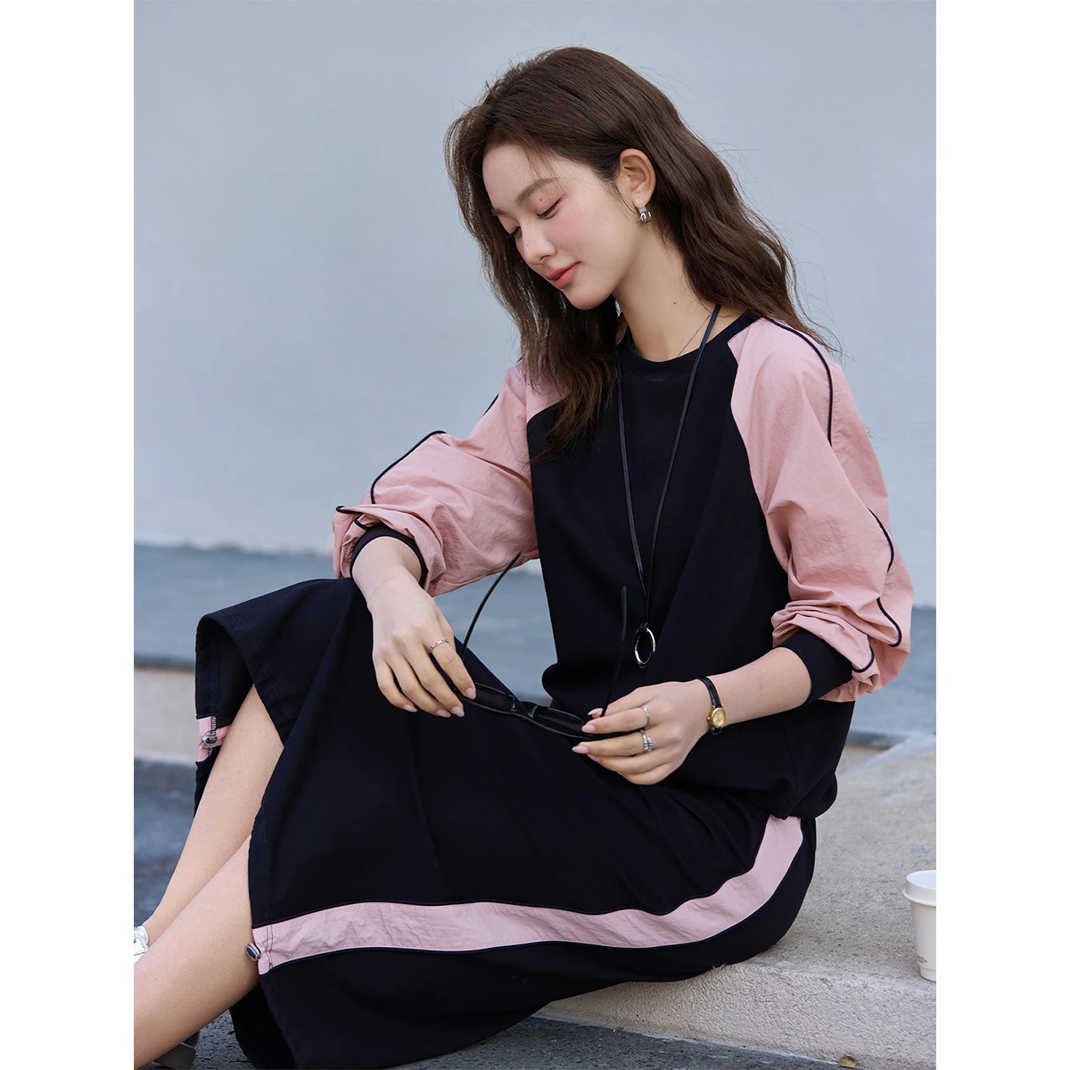 VIMLY Women’s Navy Blue Skirt Set 2026 Spring New Round Neck Raglan Sleeve Top Color Block Midi Skirt Two Piece Set Female A5035 image 4