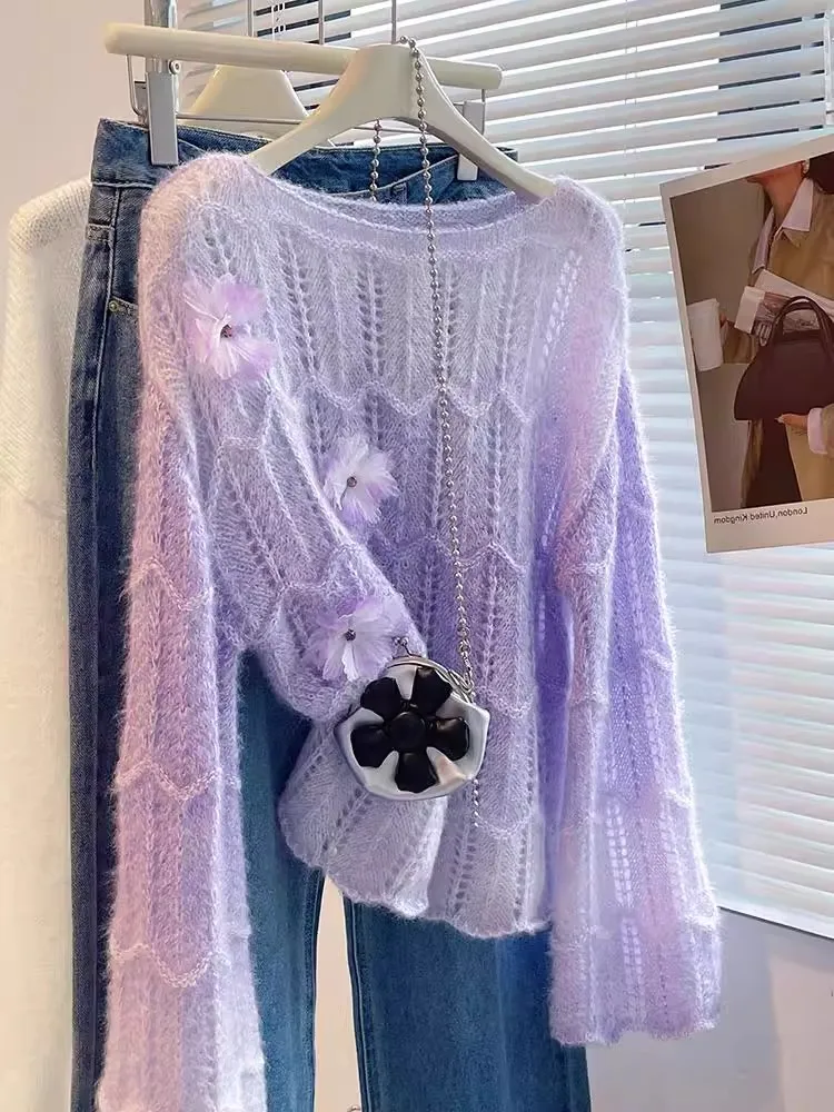 

Korean Sle Soft Floral round Ne Long Sve Women's Knitwear Ele Slimming Trendy Casual Comfortable Breathable Top