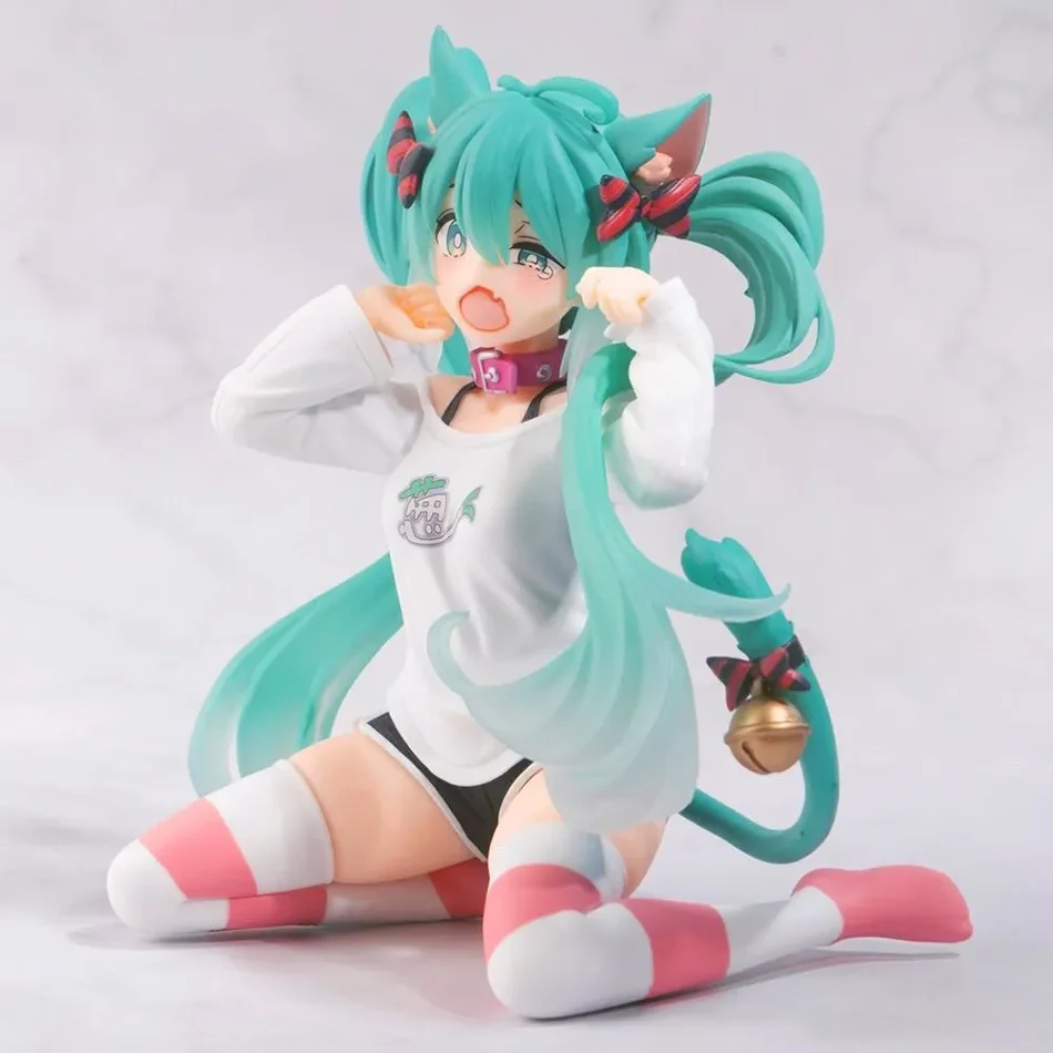 Hatsune Miku Desktop Boneco de ação fofo 11 cm Neko Camiseta Ver. Estatueta de anime Kawaii menina modelo brinquedo presente