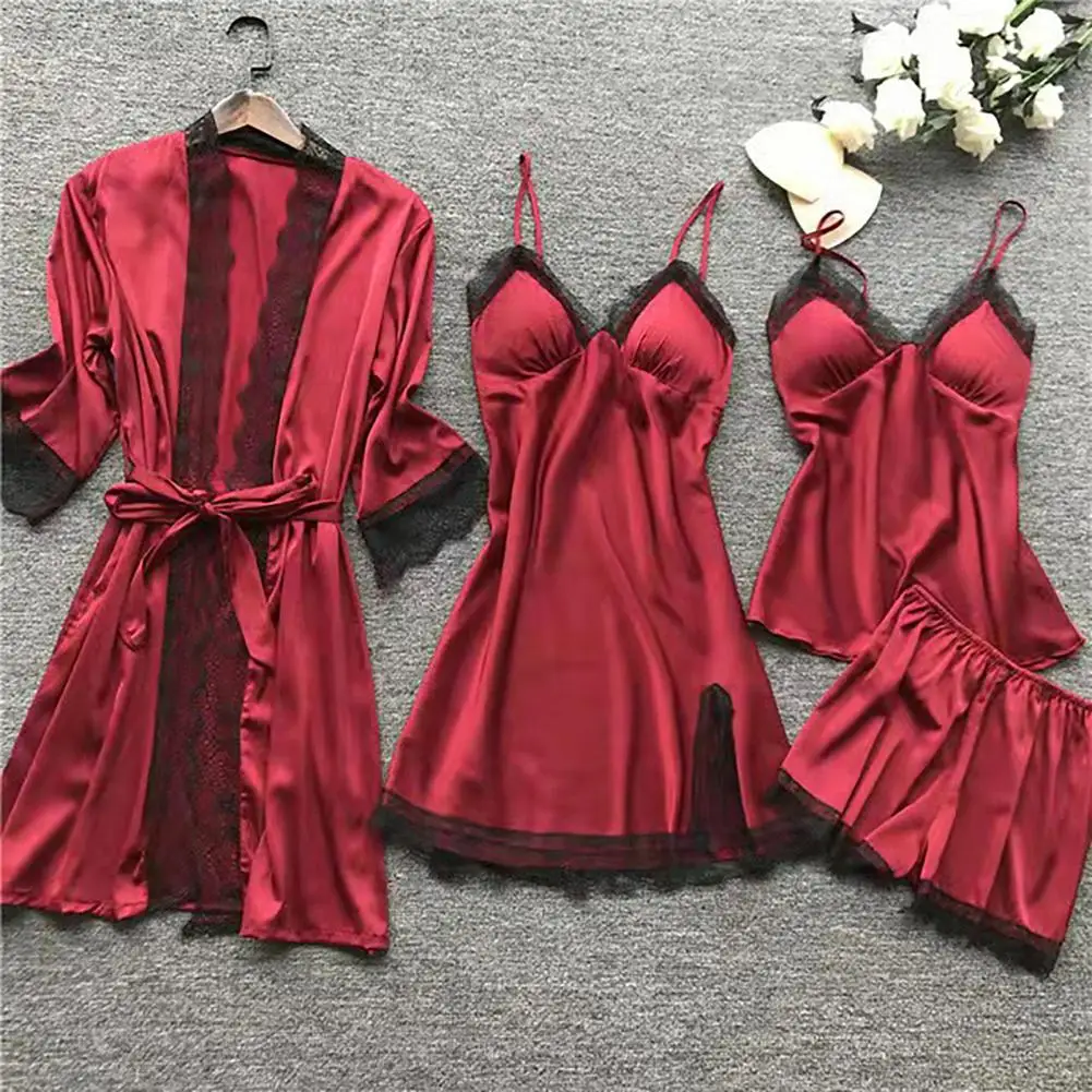 Conjunto de pijamas de renda sedosa elegante feminino, top de espaguete, casaco cardigã plissado, emenda de renda, 4 peças