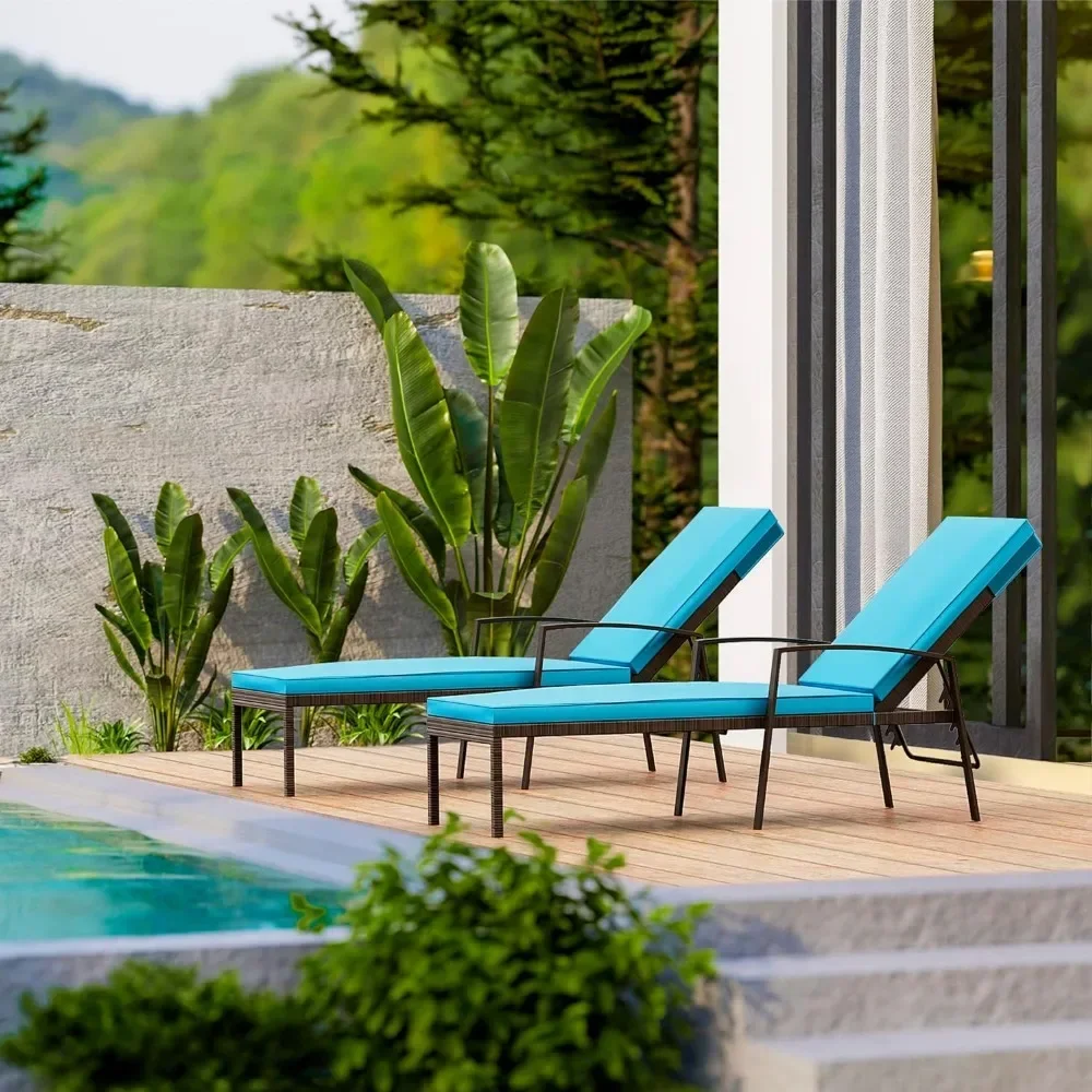 Deck chair set 2 pieces,lounge with pillowtop cushions,PE rattan steel frame pool lounger set for backyard porch garden poolside