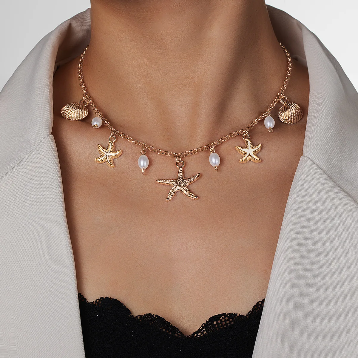 

New Holiday Beach Style Starfish Pendant Shell Imitation Pearl Beach Element Alloy Women's Necklace Jewelry Accessories Gift