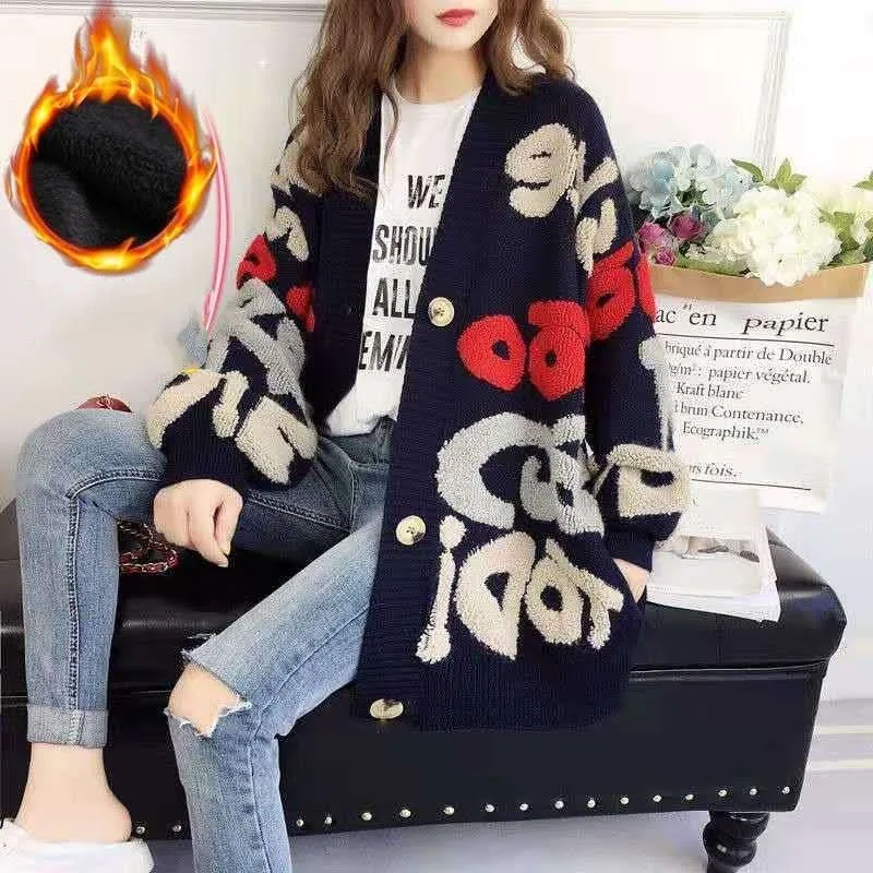 Women\'s Cardigan Button V-neck Letter Knit Spring and Autumn New Loose Korean Thickened Pocket Long Sleeve Fashion Sweater Coat