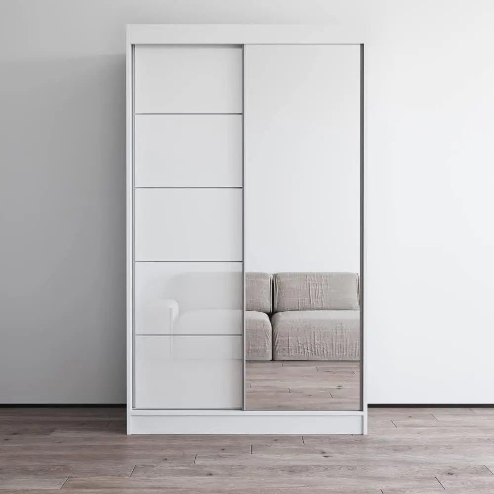 

Modern 2D Mirrored Wardrobe - Ample Storage with Hanging and Shelves - White, 80 H x 47/59 W x 26 D
