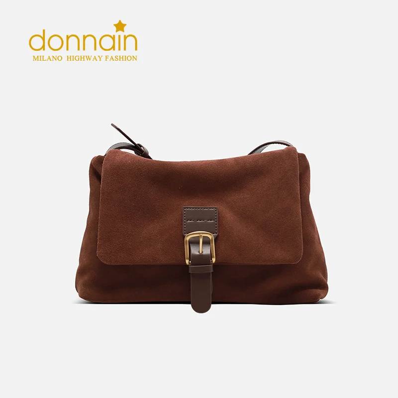 DONNAIN Cow Suede Leather Women Tote Bag Commuting Large Capacity Soft Cross-body Bag Vintage Flap Zipper Female Shoulder Bags