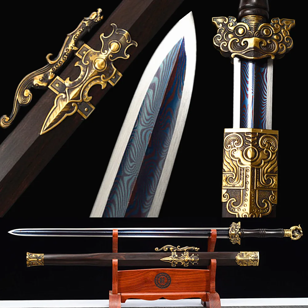 Handmade Chinese KUNGFU Sword Double Edged Battle Knife Blue Folded Damascus Steel Sharp Blade JIan Brass Handle