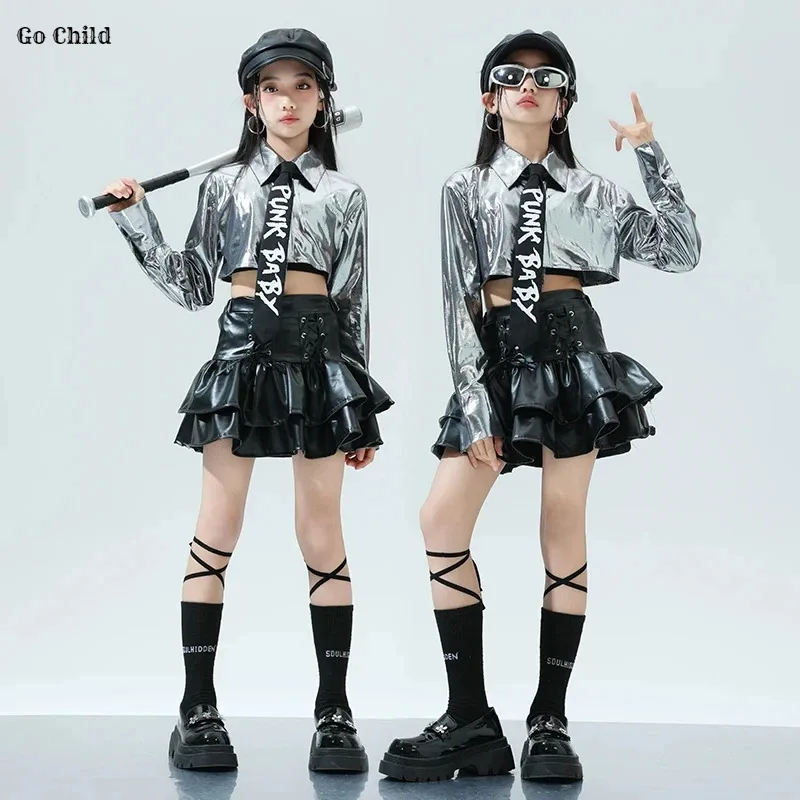 Серебряная куртка K-pop для девочек, кожаная многоярусная юбка, штаны-карго, комплект одежды, детские костюмы для уличных танцев в стиле хип-хоп, уличная одежда для детей и подростков