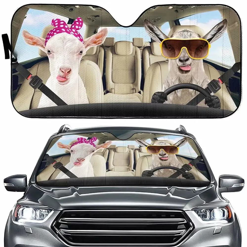 

Tup Goat Couple Car Sun Shade Cover Auto Windshield, Animal Sheep Driver Automotive Foldable Blocks UV Rays Sun Visor Protector