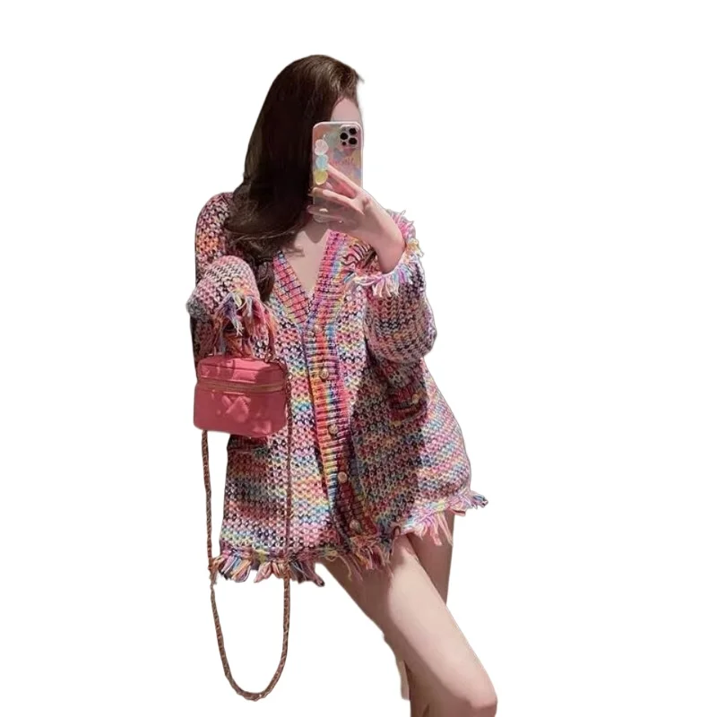 

Autumn and Winter New Knitted Cardigan Sweater Colorful Woven Internet Celebrity Tide Loose Temperament Versatile V-neck Jacket