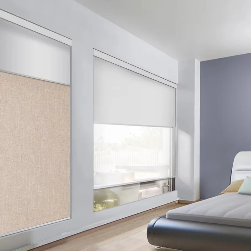Window Blinds Smart Double Layer Motorized Roller Blinds Full Blackout Cloth Grain Fabrics Work With Alexa Speaker