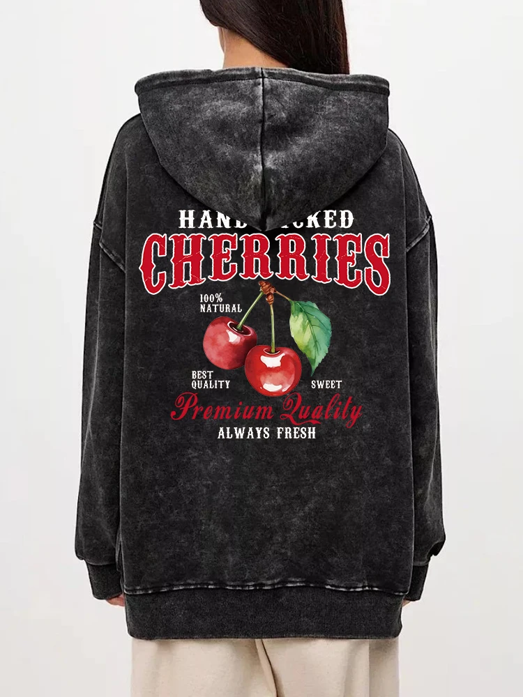 Oversized Women Washed Hoodie Hand Picked Cherries Always Fresh Print Pullover Pocket Warm Cotton Hoody Casual Couple Clothes