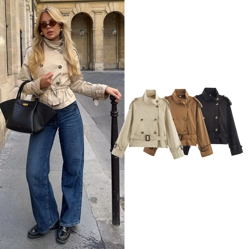 

Tidalyf 2025 Women Tricolor Short Trench Coat High Neck Belted Waist Shoulder Strap Cuff Buckle Elegant Casual Autumn Jacket