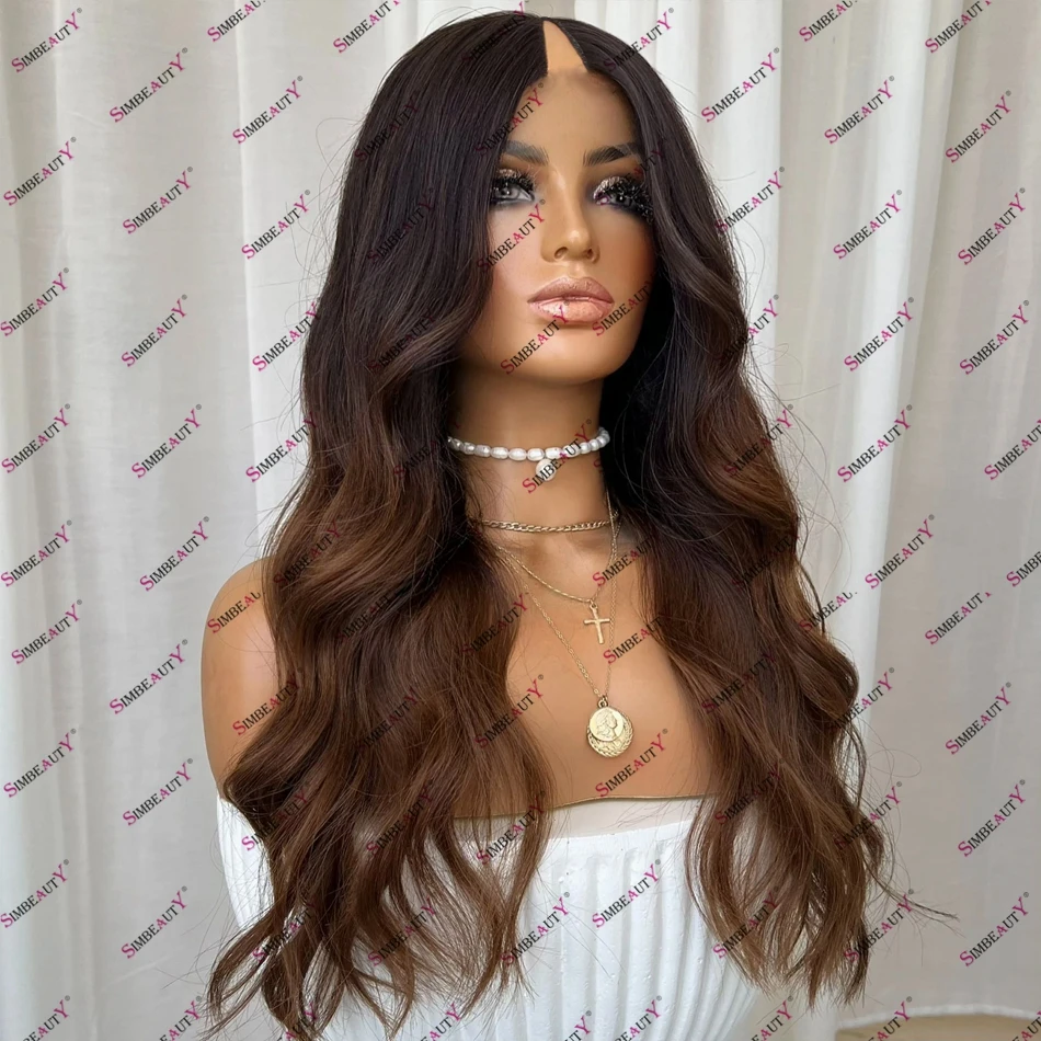 Wavy Dark Brown Human Hair Glueless Machine Made U Part Wig for Women Easy Wear 1X4 V Part Wig Remy Indian Human Hair Cheap Wig