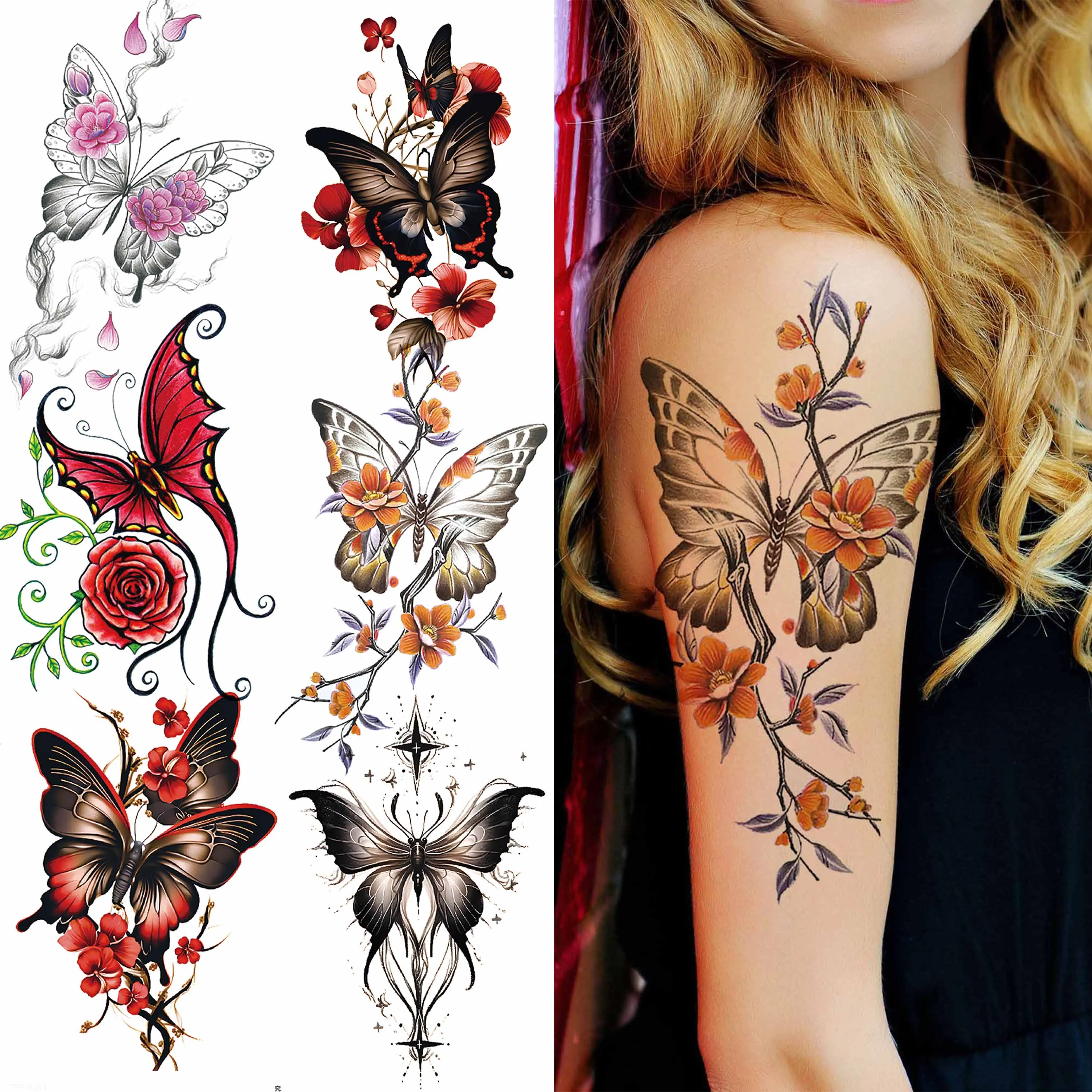 1 ورقة مثير فراشة البرقوق الوردي الوشم المؤقت للنساء الفتيات المائية وهمية زهرة الوشم كم للماء الديكور #1