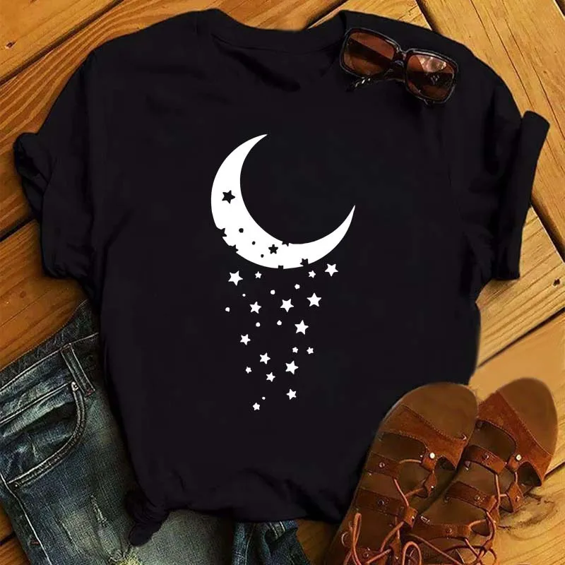 Camiseta Harajuku para mujer, Camiseta con estampado de Luna y Estrella, camisetas de manga corta con cuello redondo, ropa para