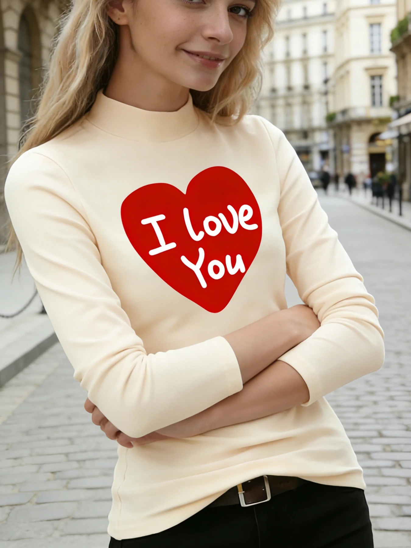 Women Mock Neck Long Sleeve Tops Owl Heart "Ill Owl Ways Love You" Print Casual Blouse Fashion Daily Warm T-Shirt Soft Top