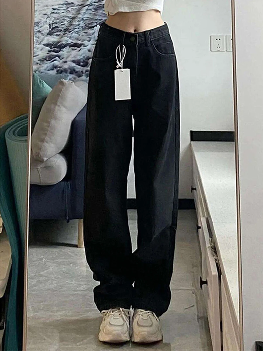 

High Waist Wide Leg Black Denim Jeans Women Loose Fit Straight Cut Long Pants Spring Autumn plus Size Retro Style