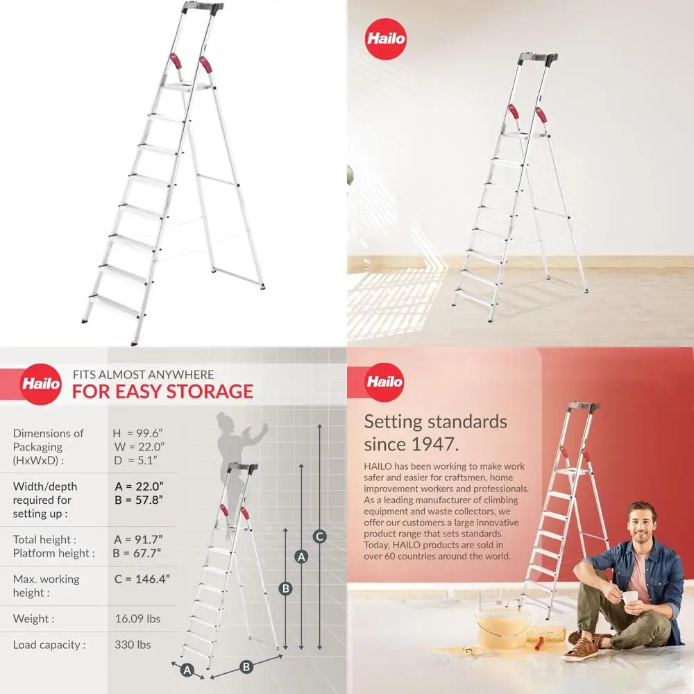 Escalera de tijera plegable de aluminio de 8 escalones, capacidad de 330 lb, escalones antideslizantes, riel de seguridad, plataforma de acero, herramienta mejorada para estabilidad a