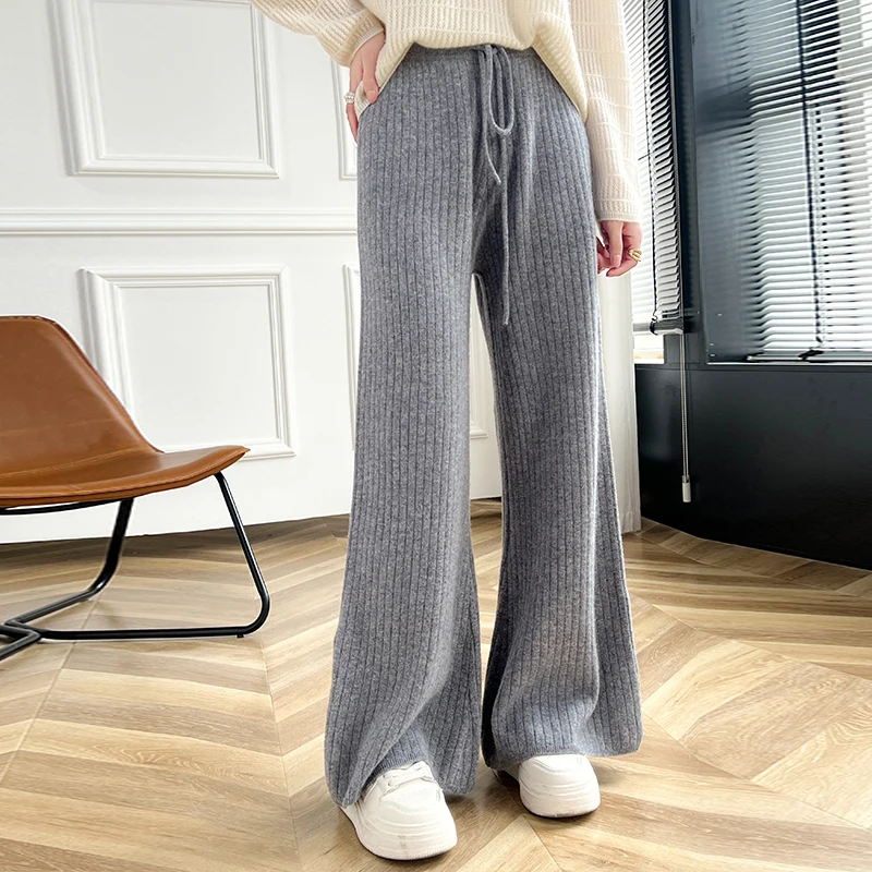 Casual loose women\'s 100% pure wool wide leg pants solid color knitted autumn and winter women\'s long wool wide leg pants new