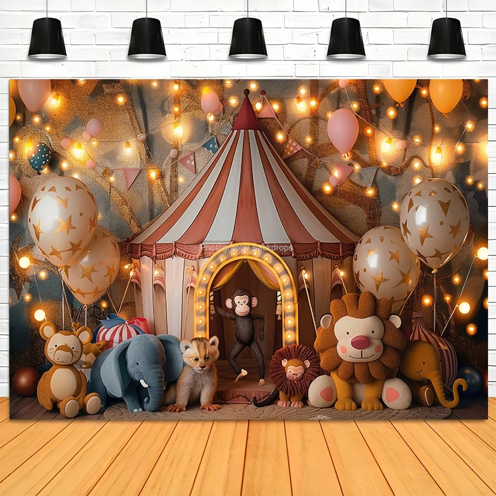 

Circus Tent With Striped Canopy Photography Backdrops Balloons Birthday Party Decor Animal Clown Photo Studio Background SD-02