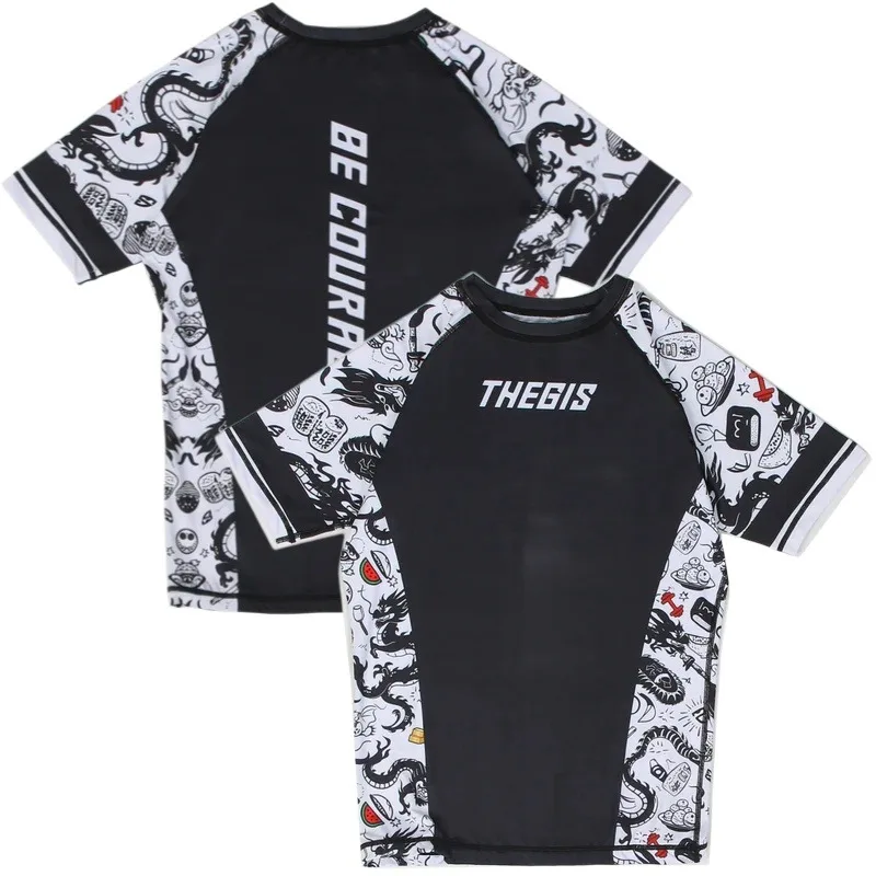 Camiseta de Compresión de Manga Corta Unisex 2026 – Diseño Raglán con Graffiti de Dragón en Blanco y Negro – Rash Guard de Secado Rápido para MMA/BJJ