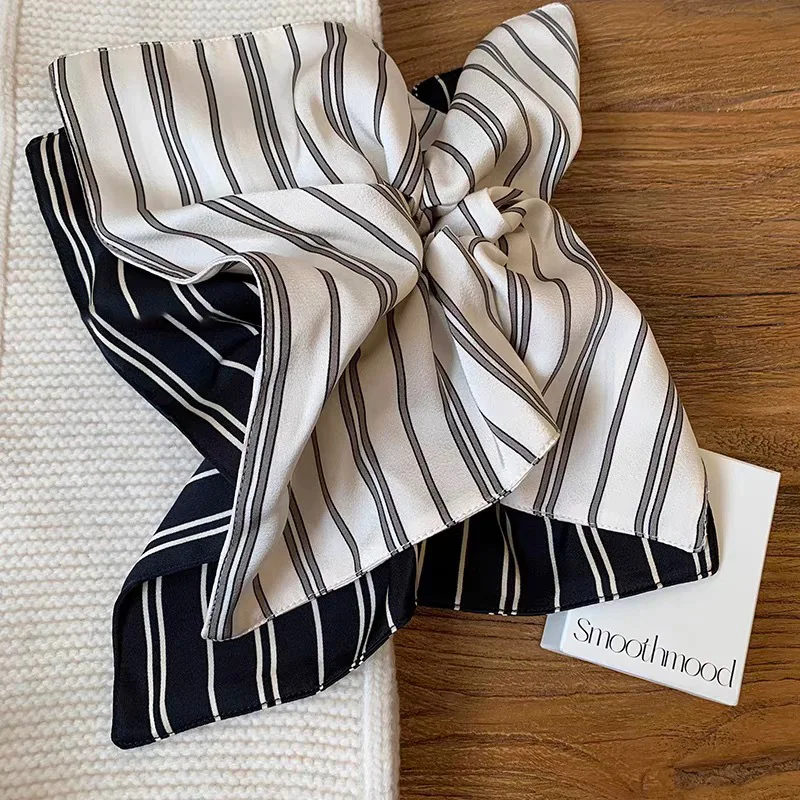 1PC Vintage Black and White Striped Satin Square Scarf Scrunchie - Simple, Stylish, Versatile Hair Tie/Hair Accessory for Commut