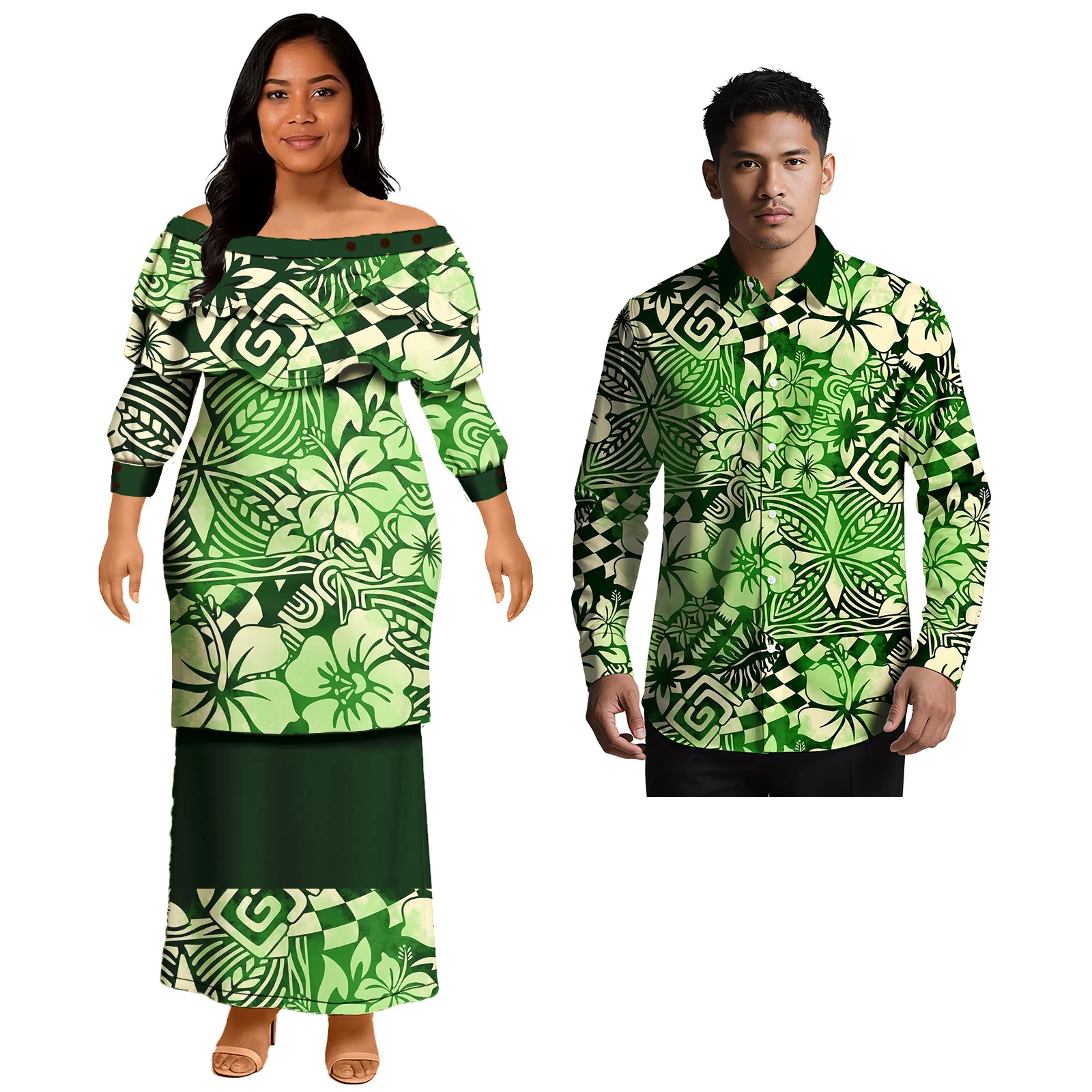 Vêtements d'église personnalisés, ensemble 2 pièces pour couple, design décontracté Aloha pour la plage, costume de couple, robe longue pour femme, chemise pour homme, style samoan polynésien