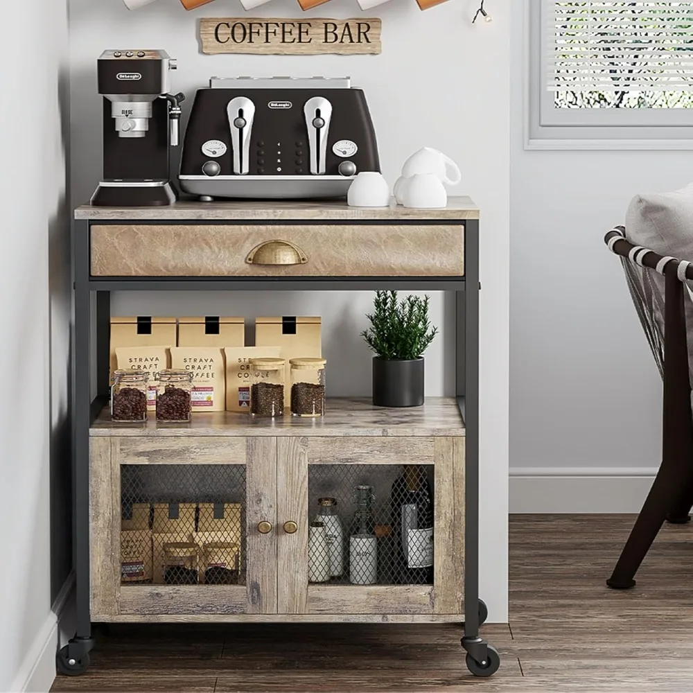 

3-Tier Farmhouse Style Kitchen Coffee Cart with Drawer, Movable Home Coffee Station Table