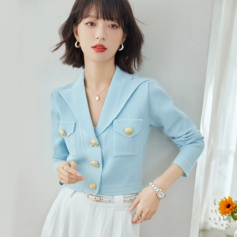 Women Sky Blue Knit Cardigan Coat Spring Autumn Elegant Slim Casual Single Breasted Button Short Knitwear Jacket Lady A1995