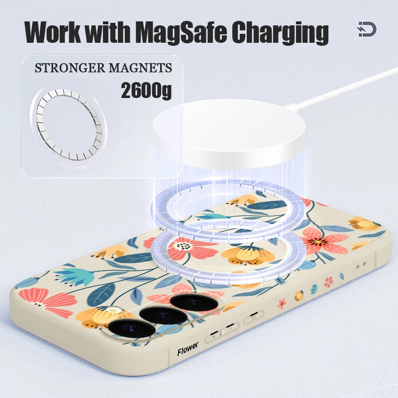 Flower Print Case For Samsung Galaxy S25 S23 S24 S22 Ultra S21 Plus S20 S24 FE For Magsafe Magnetic Wireless Charge Phone Cover