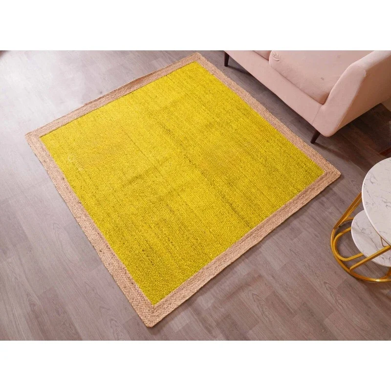 

Indian Hand Braided Yellow Jute Rug with Beige Border Square Shape Rug Decor Rug