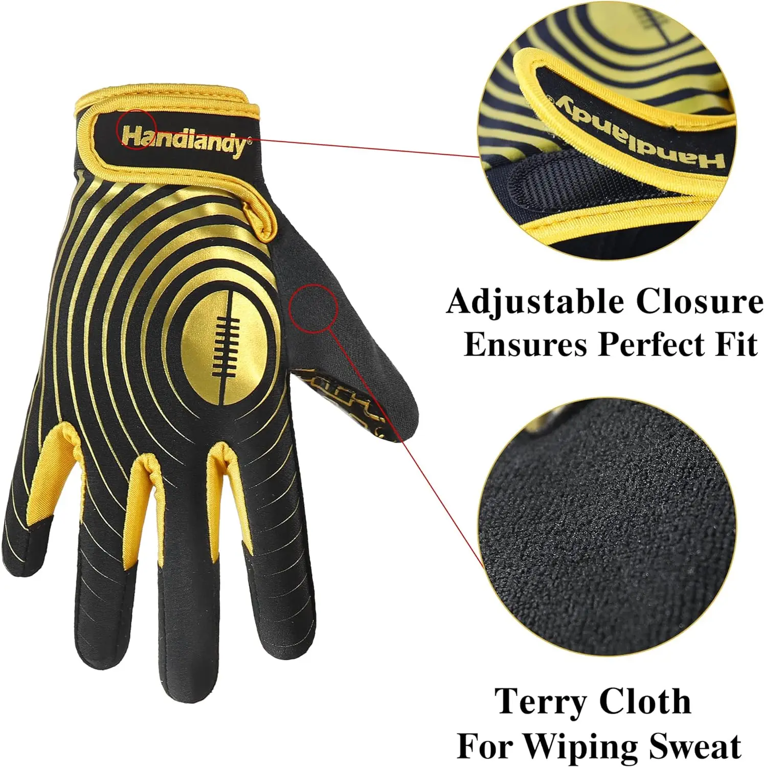 HANDLANDY Youth American Football Gloves, Sticky Wide Receiver Gloves for Kids, Black and Gold Stretch Fit Rugby Gloves