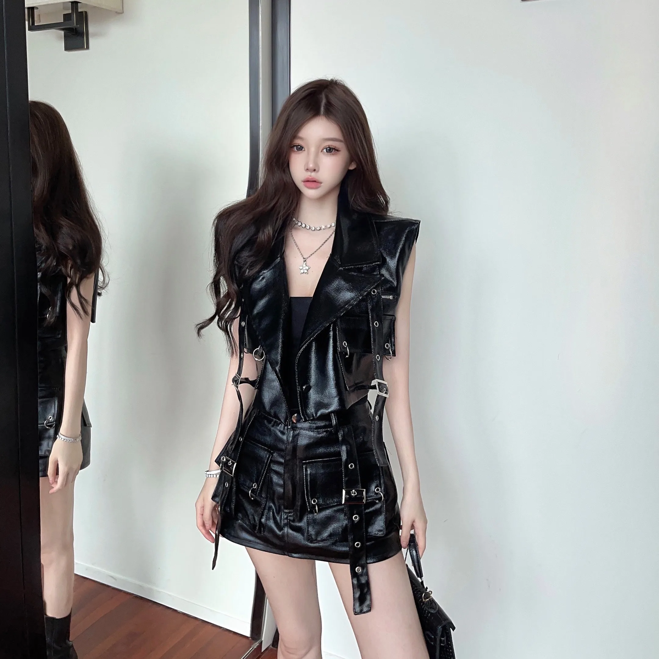 Women's Girls Punk Style Pu Leather Two Pieces Skirt Set Women Summer Motorcycle Sleeveless Vest Outwear + Pockets Mini Skirt