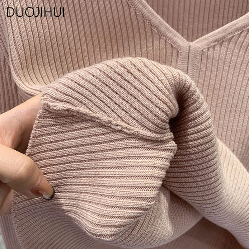 DUOJIHUI farina d'avena Chicly scollo a v lavorato a maglia vita sottile pullover femminili autunno Basic manica lunga moda pullover donna tinta unita