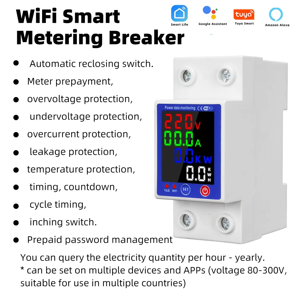 

Tuya WiFi Smart Energy Meter Multifunction Leakage Protector Color Display Over Under Voltage Protector Prepaid Metering Breaker