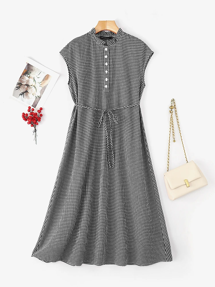 ZANZEA Summer Sleeveless Plaid Checked Dress Elegant Women Midi Dresses Work Sundress Casual Holiday Robe O Neck Loose Vestidos