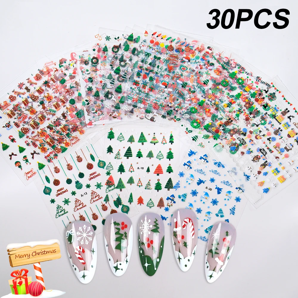 30/15pcs Christmas Nail Art Stickers Cute Elk Snowman Snowflake SnowMan Christmas tree Nail Decals Xmas Adhesive Manicure Slider