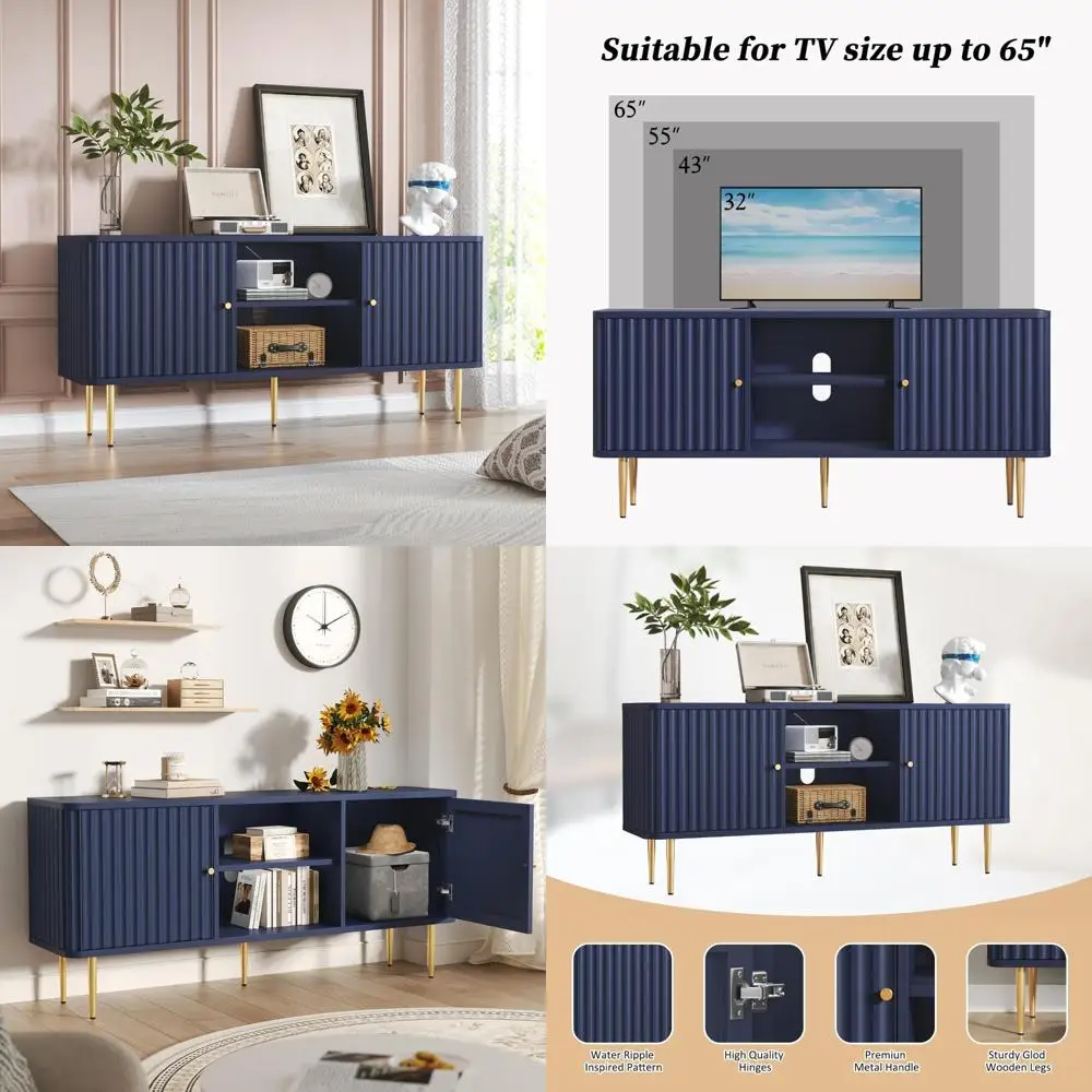 

55-65 Inch Mid Century Modern Blue TV Stand with Storage for Entertainment Center