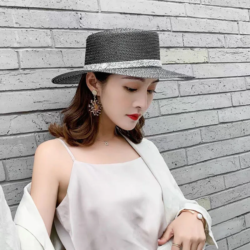 MAXSITI U  flat brim summer travel sunscreen Sun Hat Women versatile silver straw hat flat top hat bright silk Hepburn Beach Hat