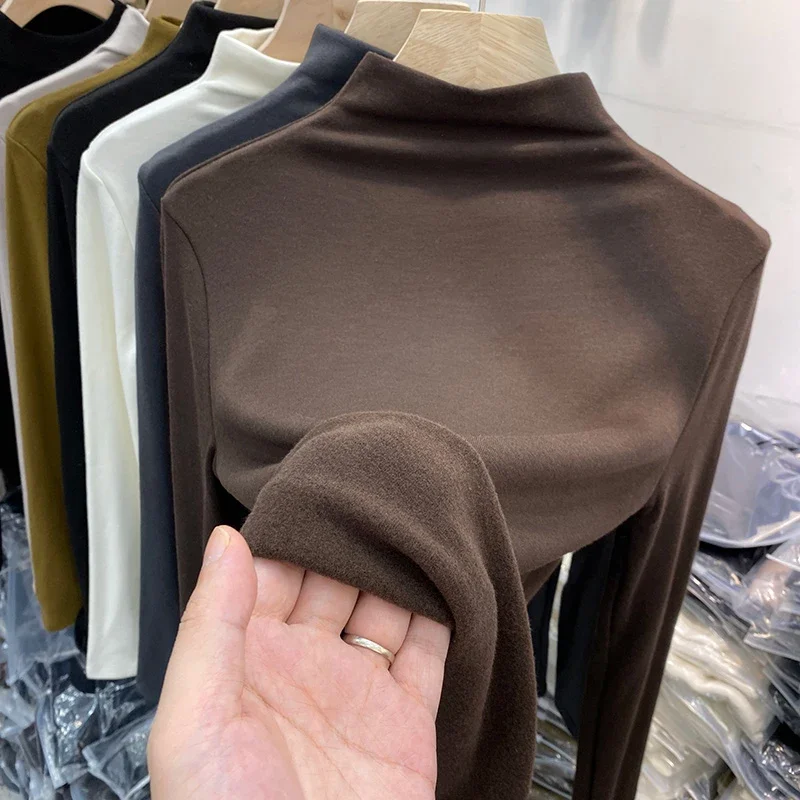 Autumn Winter Velvet Half Turtleneck Women's T-shirts 2025 New Long Sleeve Solid Korean Casual Slim Bottom Tops Tee Female