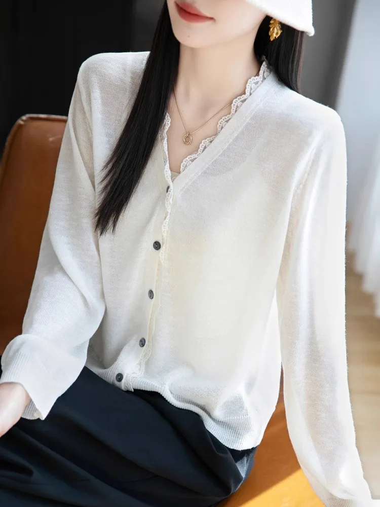 Sweet Sle Cardigan da donna con protezione solare in rayon di bambù V-Ne lavorato a maglia leggera Cappotto lungo a tubo dritto con vestibilità primaverile