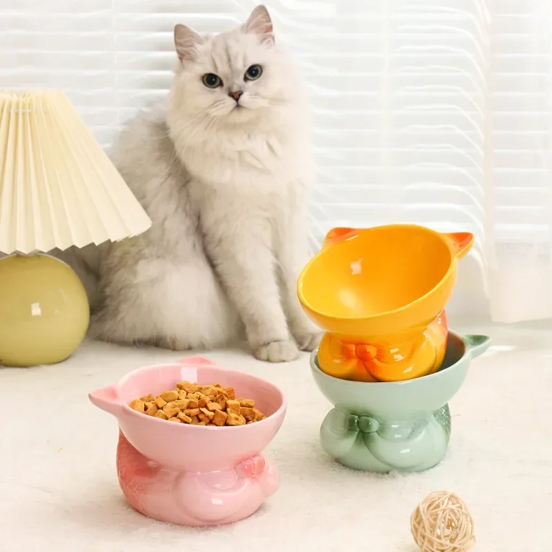 Flower Cat Bowl Ceramic Anti Knock Slanted Mouth To Protect The Neck Large Capacity Small Dog Bowls Animal Cartoon Pet Food Bowl