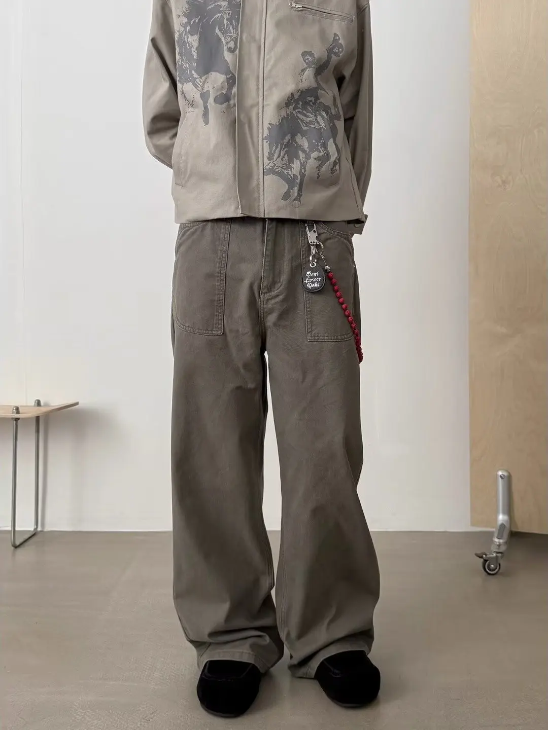 

Retro American Washed Grey Green Work Trousers Loose Straight Casual Long Pants for Men And Women Cleanfit Cotton Jeans