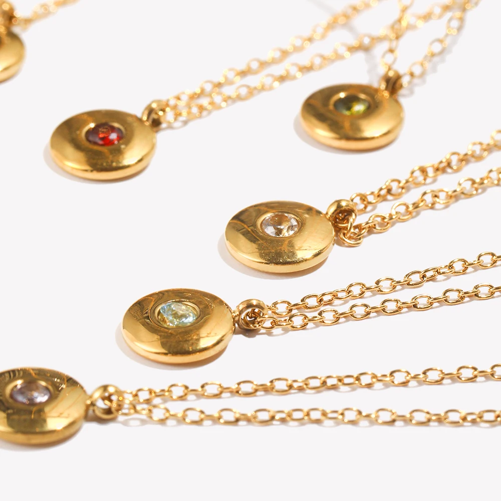 E.B.belle Simple 12 Month Birth Stone Round Card Small Pendant Necklace 316L Stainless Steel 18K Gold Plated Decoration