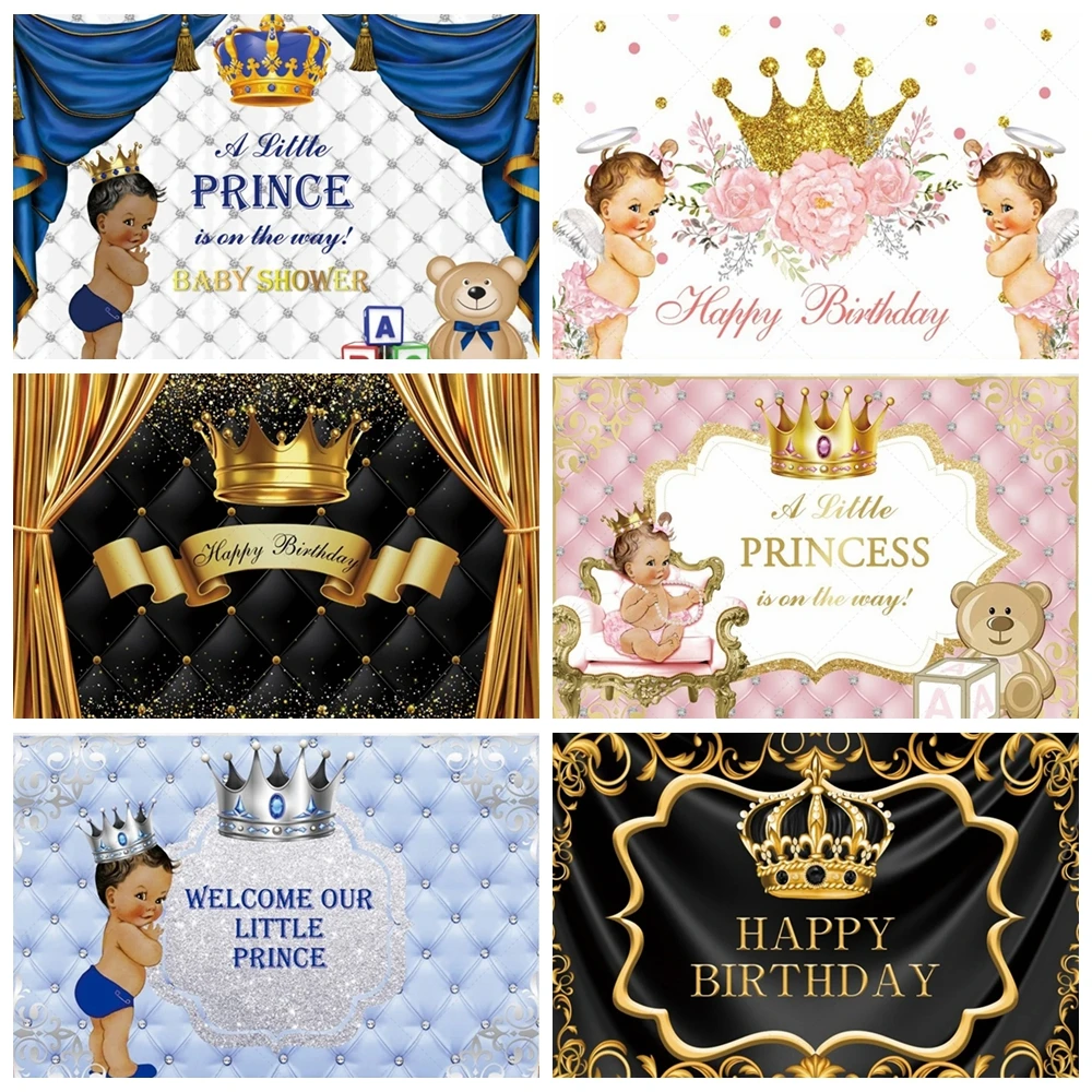 

Happy Birthday Royal Prince Crown Gold Blue Photo Backdrop Custom Name Party Decor Balloon Arch Background Banner Supplies Boy