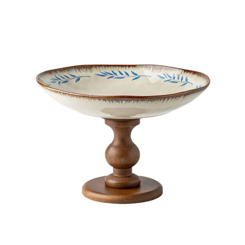 

Premium light luxury wood high-footed ceramic fruit plate, snack tray retro French storage plate, cake snack plate