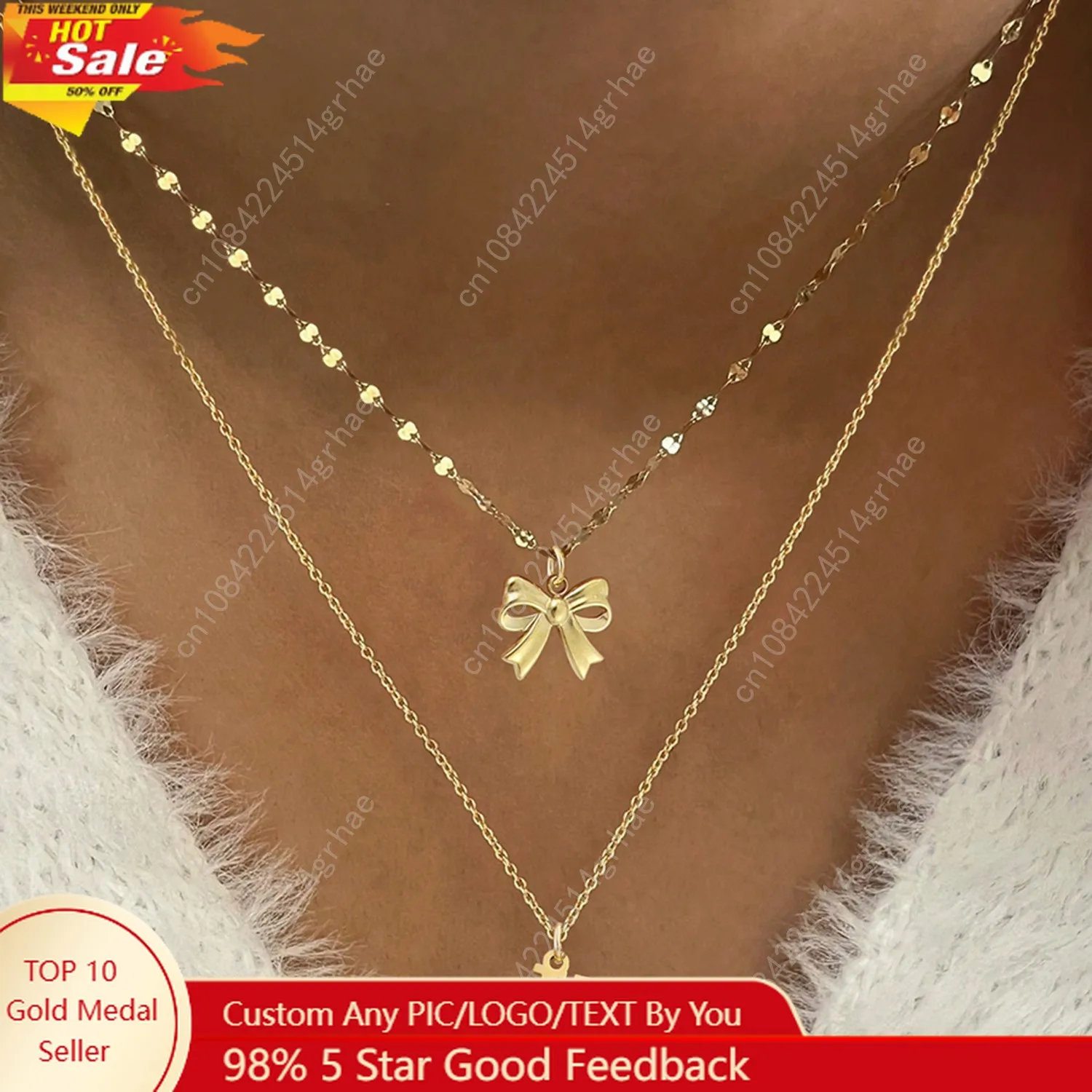 

2Pcs/Set Classic Gold Color Initial Bow Pendant Lip Chain Choker Stainless Steel Layered Chain Necklaces For Mother's DayGift