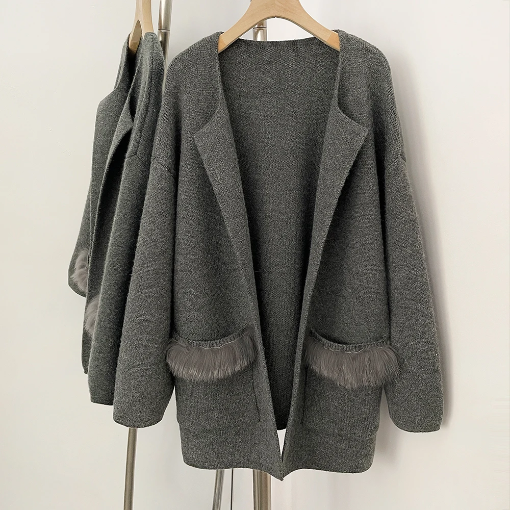 Oftbuy camisola feminina oversize casaco de malha jaqueta de pele de raposa real com pele de malha solta ajuste bolsos roupas femininas cardigan feminino