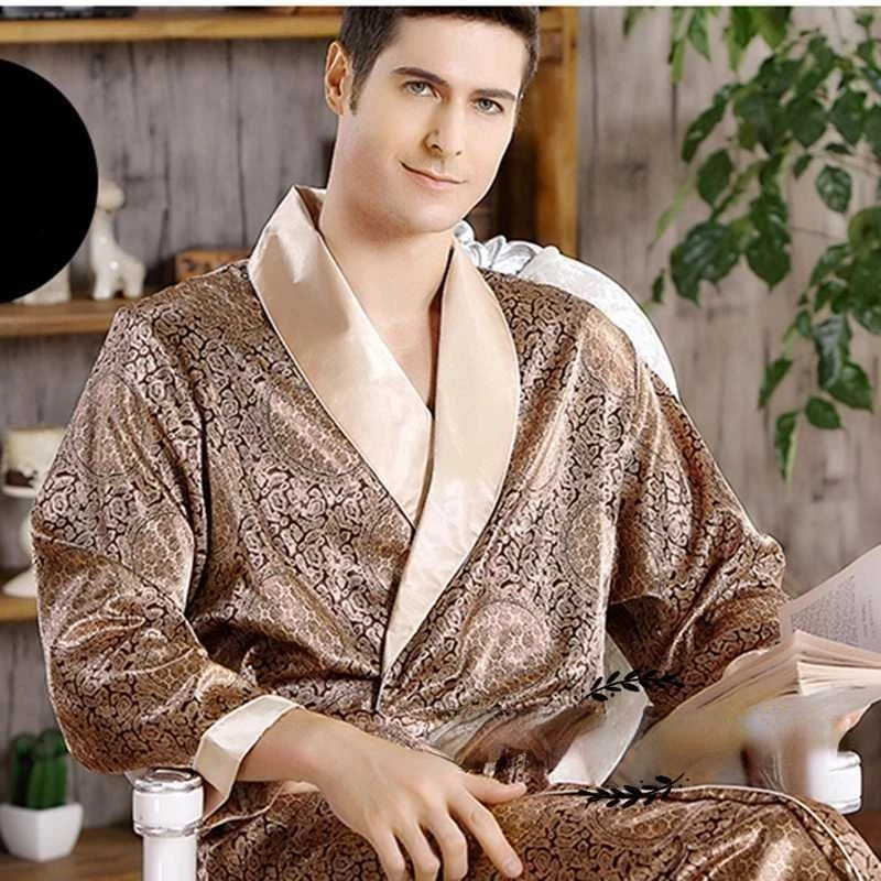 Luxury Brands Silk Robes Nightgowns Men Big Size Kimono Bathrobe Sleepwear Printed Vintage Loungewear Long Sleeve New