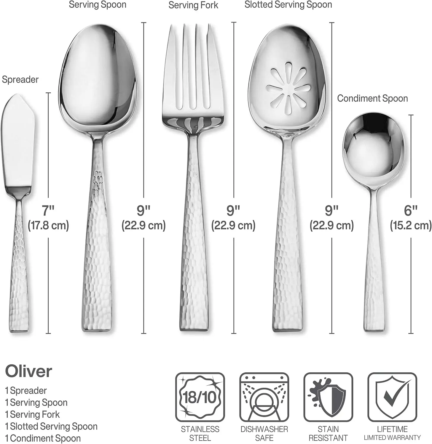 Flatware Set, 65-Piece Service for 12, 18/10 Stainless Steel Silverware with Hammered Design and Satin Finish view 2